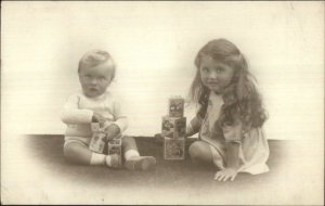 Cute Kids Boy & Girl Playing Toy Blocks +Photography Real Photo Postcard