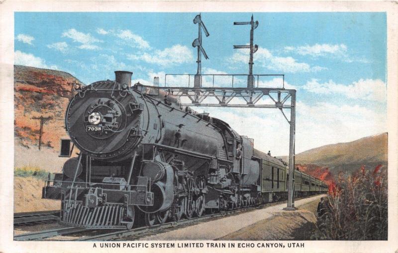 ECHO CANYON UT~UNION PACIFIC SYSTEM LIMITED TRAIN~LOCOMOTIVE 7038 POSTCARD 1920s