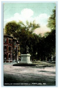 c1907 Longfellow Monument and State St. Portland Maine ME Antique Postcard