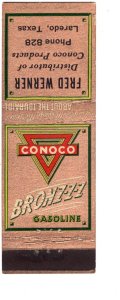 Conoco Bronzzz, Fred Werner, Laredo, Texas, Vintage Matchbook Cover