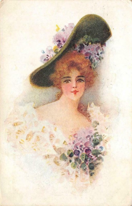 Edwardian Woman Flowers Hat Painting Artist-Signed 1907 Vintage Postcard