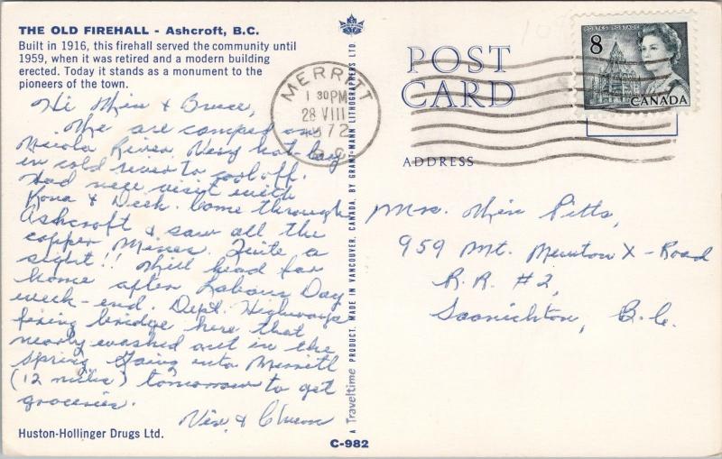 The Old Firehall Ashcroft BC c1972 Postcard D64