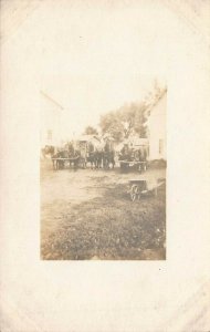 THREE TEAMS OF FARM HORSES & WOOD WHEELBARROW~1910s REAL PHOTO POSTCARD