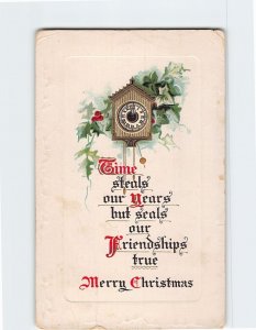 Postcard Christmas Greeting Card with Quote and Hollies Clock Embossed Art Print