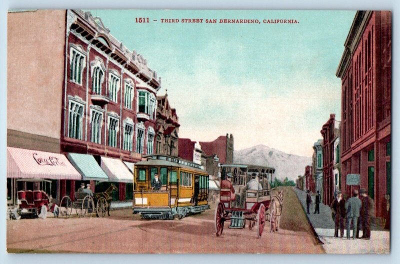 San Bernadino California CA Postcard Third Street Scene Streetcar 1910 Vintage