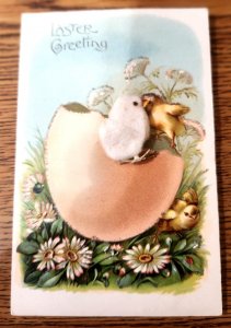 Novelty Embossed Easter Postcard With Little Cotton Chick Applique 239 Wire Feet