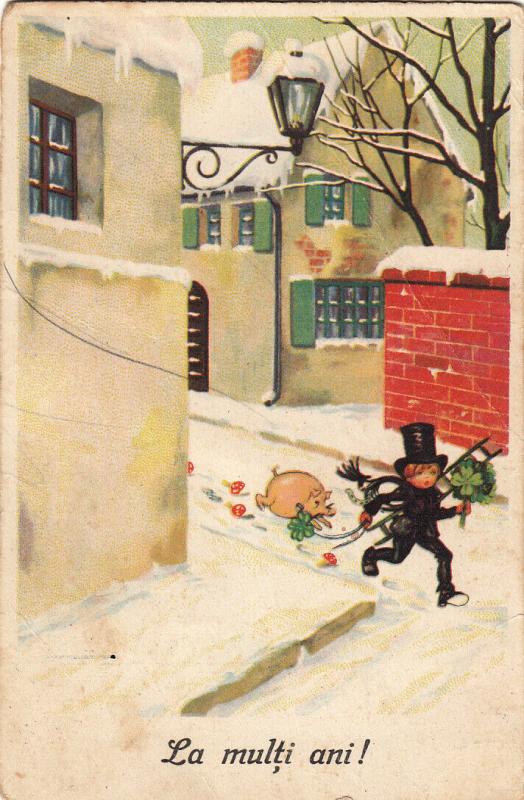 Romania New Year greetings circa 1930 postcard luck chimney sweep & pig