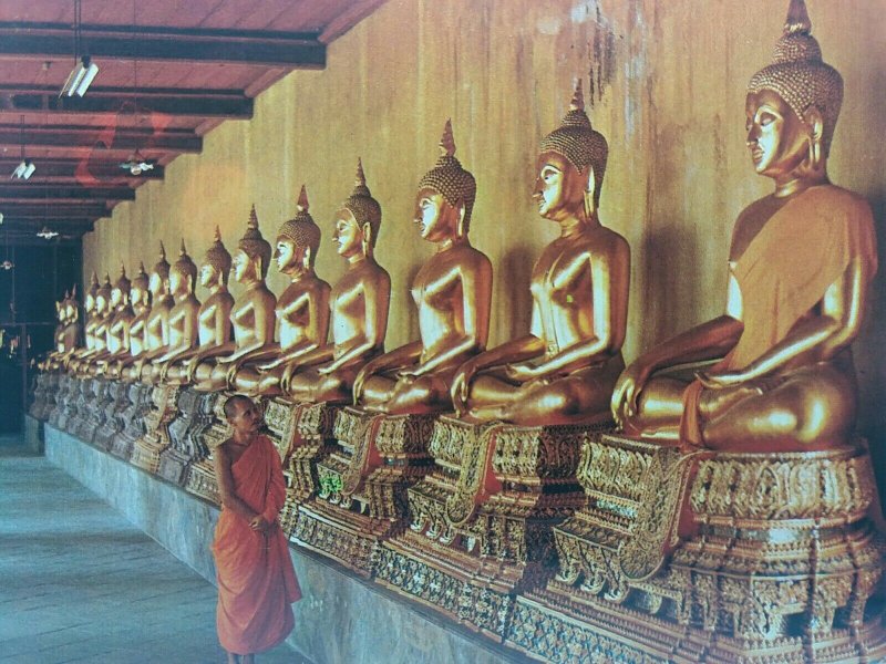 Monk Admiring Golden Buddha Statues at Wat Pho Temple Bangkok Thailand Postcard