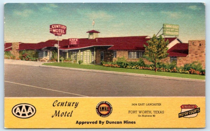 FORT WORTH, TX Texas ~ Roadside CENTURY MOTEL  c1940s Linen  Postcard