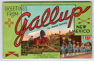 Greetings From Gallup New Mexico Large Letter Postcard Linen Zuni Stagecoach NM