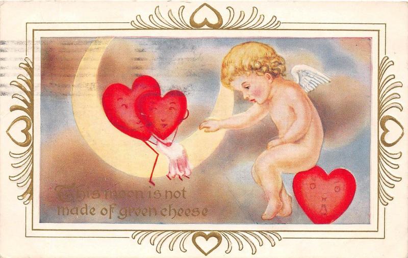 C25/ Valentine's Day Love Postcard 1913 Humanized Hearts Wheaton Illinois Moon14