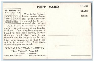 c1913 Kimball's Ideal Laundry Blue Wagons Waterloo Iowa Vintage Antique Postcard
