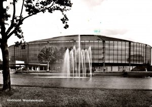 VINTAGE CONTINENTAL SIZE POSTCARD AGFA RPPC DORTMUND WESTFALENHALLE SIGNED BY 20