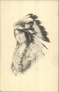 Beautiful White Woman Native Indian Head Dress Pencil Sketch Postcard