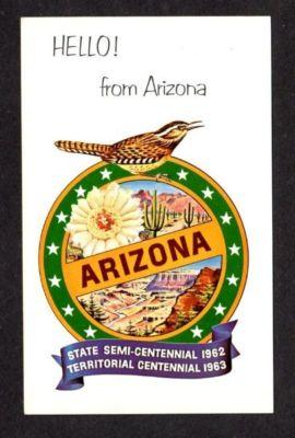 AZ Hello ARIZONA State Seal Bird Centennial Postcard