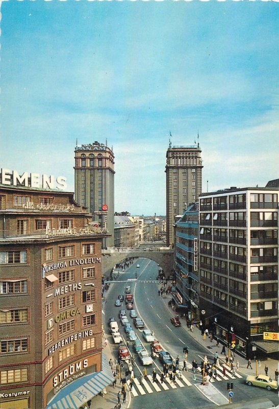 Postcard Sweden stockholm downtown street city cars architecture towers