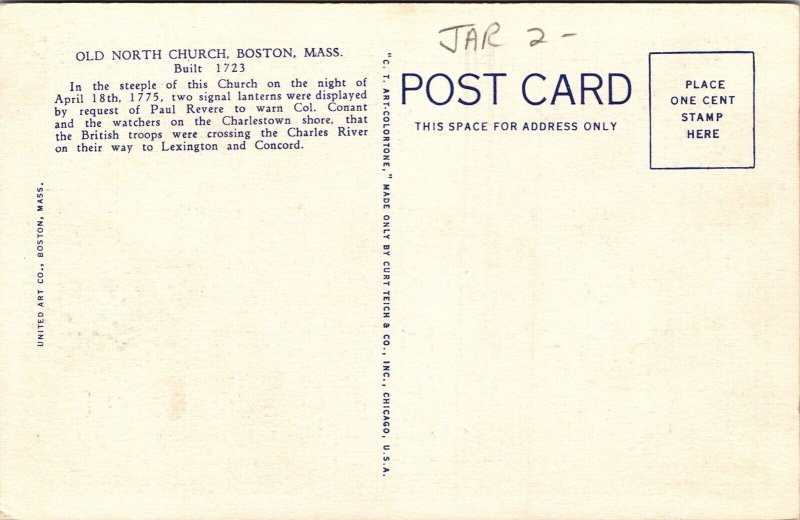 Old North Church Boston Massachusetts Mass Ma Paul Revere Charlestown Postcard 