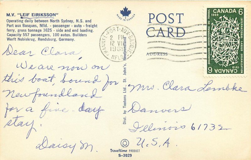Chrome Postcard M.V. Leif Erikkson Canada Passenger Ferry Nova Scotia Nfld