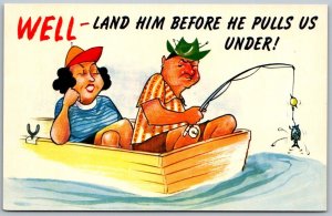 Lan Him Before He pulls Us Under 1950s Comic Humor Fishing Postcard