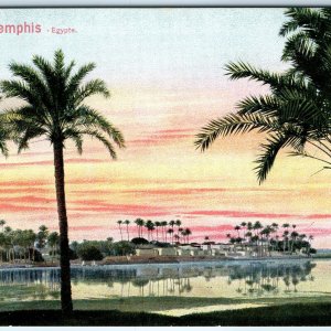 c1910s Memphis, Egypt Village Nile Palm Trees Sunset Reflection Water A352