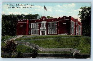 Moline Illinois IL Postcard McKinley School 4th Avenue And 41st Street 1915 Flag