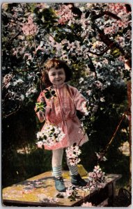 1907 Photograph Of The Victorian Little Girl Standing Under The Tree, Postcard