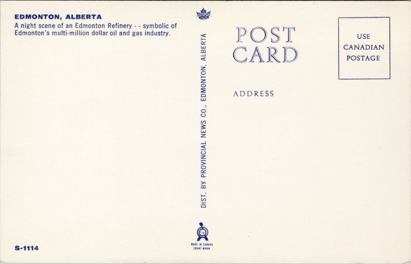 Edmonton Alberta Oil Refinery Night Scene Oil & Gas Industry Unused Postcard G90