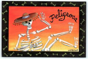 Postcard Hand Painted Art Peligrosa A/S Luna Luz Skeleton Dios De La Muerte B35