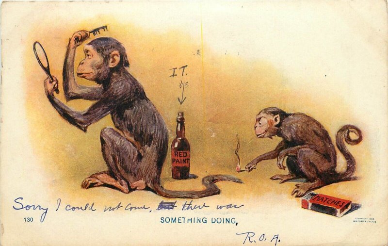 UDB Postcard 130. Monkey Combs his Hair, About to get Tail Lit on Fire as a Joke