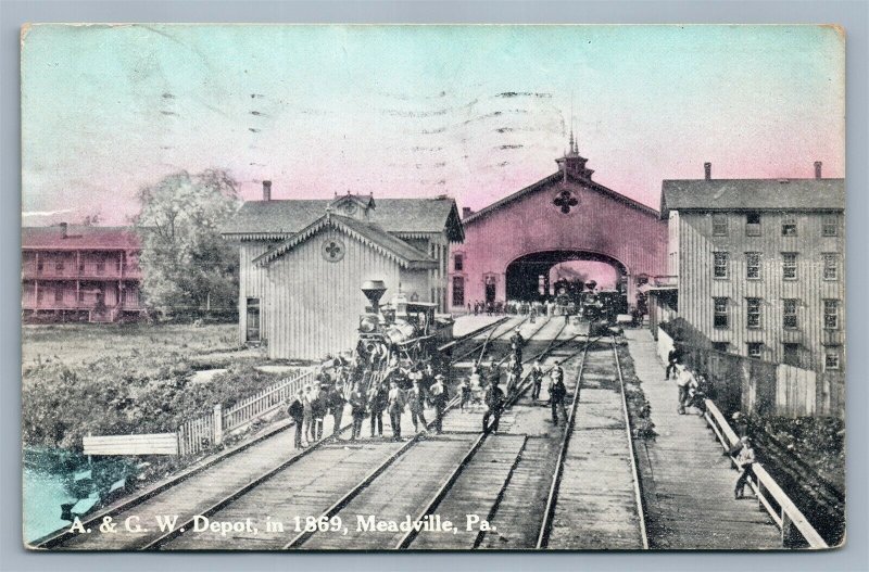 MEADVILLE PA RAILROAD DEPOT in 1869 ANTIQUE 1910 POSTCARD railway train station