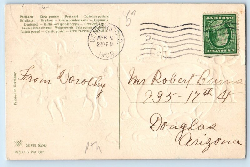 1909 Easter Lamb Pulling Wagon Big Egg Fell Embossed PFB Denver CO Postcard