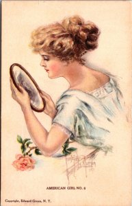 Artwork Postcard American Girl No. 6 Woman Looking at Mans Photo Pink Rose