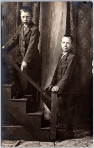 Men Boys Black Suit Photograph On The Stairway Postcard