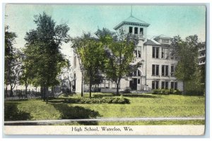 1914 High School Exterior Building Waterloo Wisconsin Vintage Antique Postcard