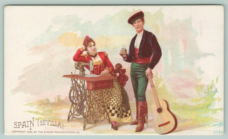 Singer Mfg Co~Sevilla Spain Couple at Sewing Machine~1892 Victorian Trade Card 