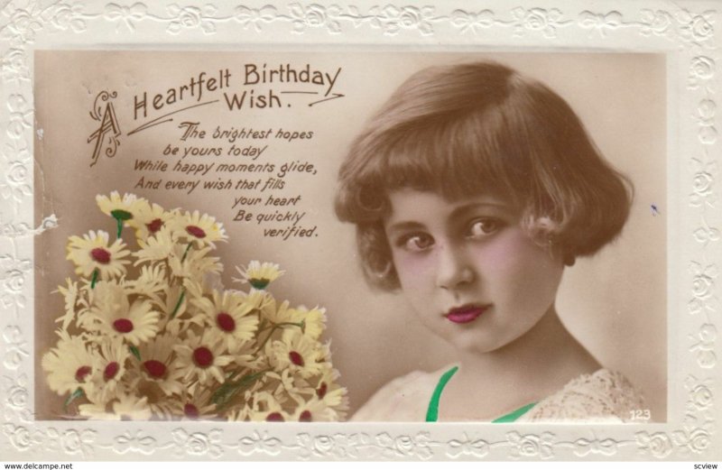 RP: BIRTHDAY, PU-1928; Heartfelt Wish, Girl with bouquet of Daisies, Poem