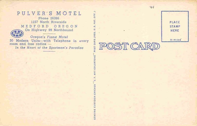 Pulver's Motel Highway 99 Medford Oregon linen postcard