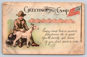 1913 Boy Scout Camp Postcard w/ Goat Mascot & American Flag - Herkimer NY Posted