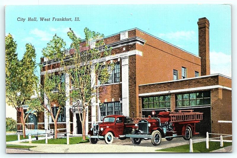 Postcard IL West Frankfort City Hall Fire Department Trucks Vintage Linen R20