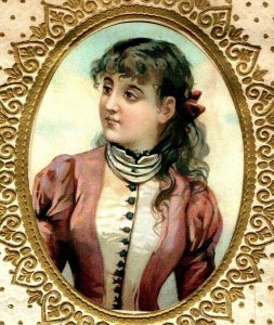 1870's-80's Dresden Fabric Label Lovely Young Lady Sky P181