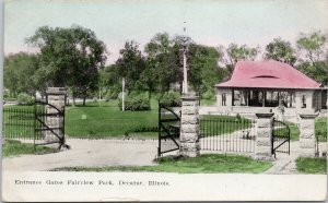 Decatur IL Entrance Gates Fairview Park c1908 Bearsdale IL Cancel Postcard H10