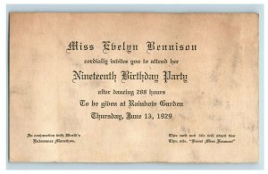 1929 Marathon Dance Invite Card Rainbow Garden Fremont Ohio Original P64