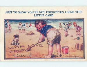 Bamforth comic signed DOG WATCHES GIRL RIGHT MESSAGE IN BEACH SAND HL3111