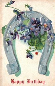 Happy Birthday Greetings Card Gray Horseshoe w/ Flowers Vintage Postcard 1910's