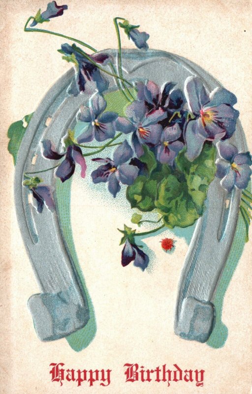 Vintage Postcard 1910's Happy Birthday Greetings Card Gray Horseshoe w/ Flowers