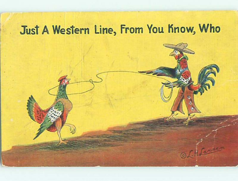 Linen western signed ROOSTER DRESSED AS OLD WEST COWBOY ROPES A CHICKEN HL3373