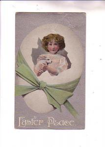 Girl with Rabbit Inside Easter Egg, Green Ribbon