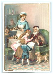 1870s-80s Victorian Christmas Card Family Tea Cute White Fluffy Dog &L