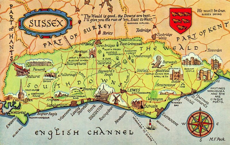 Sussex Part of Surrey English Channel South Downs Map Postcard | Europe ...