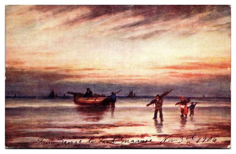 1906 Boat and People at Sunrise/Sunset, Landscape, Postcard
